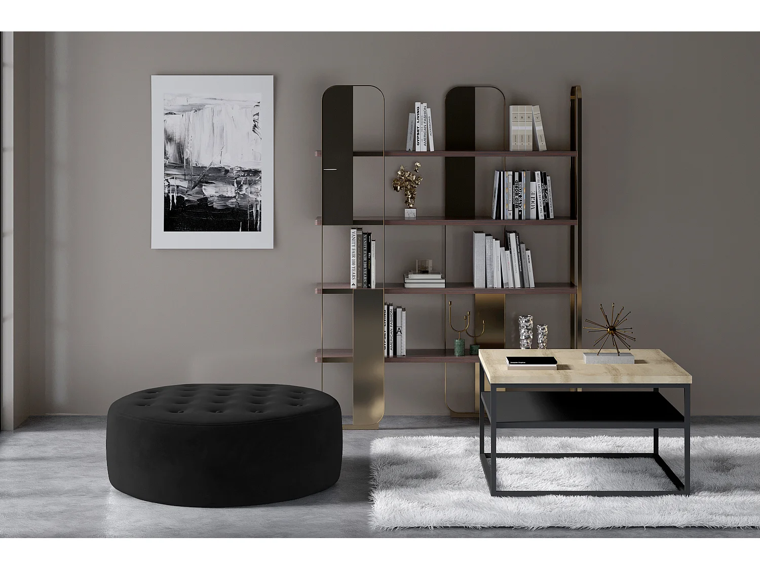 Pouf rond matelassé velours noir Styla 70cm