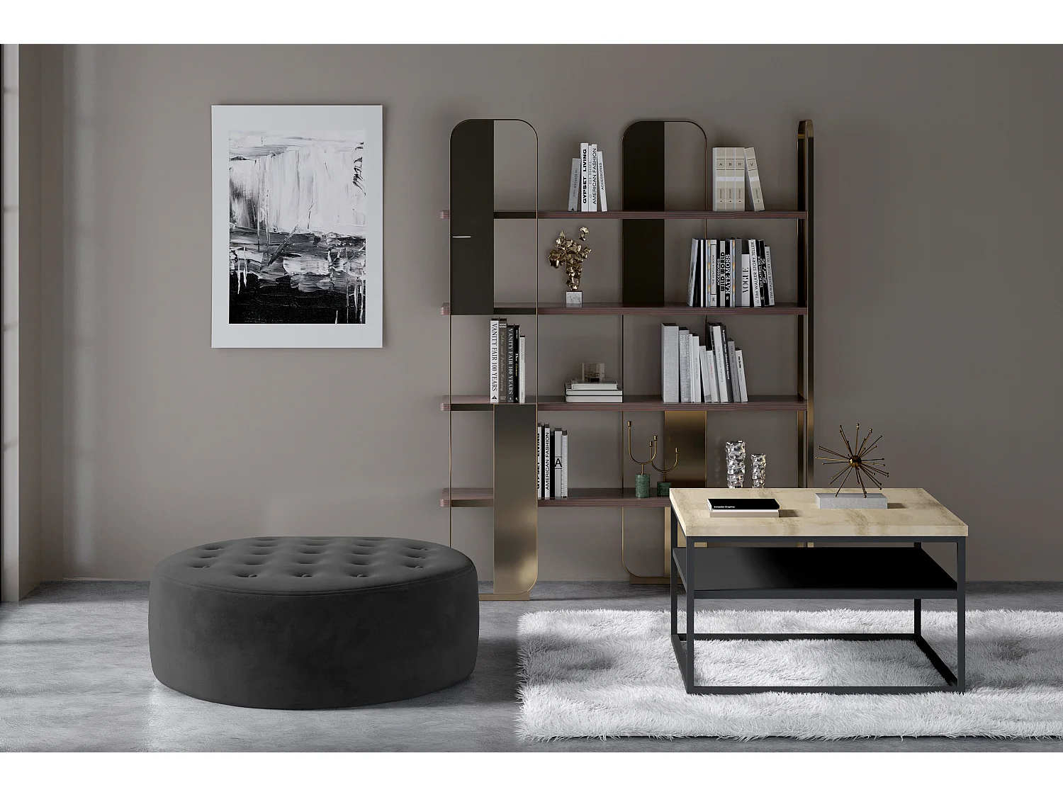 Pouf rond matelassé velours gris foncé Styla 70cm