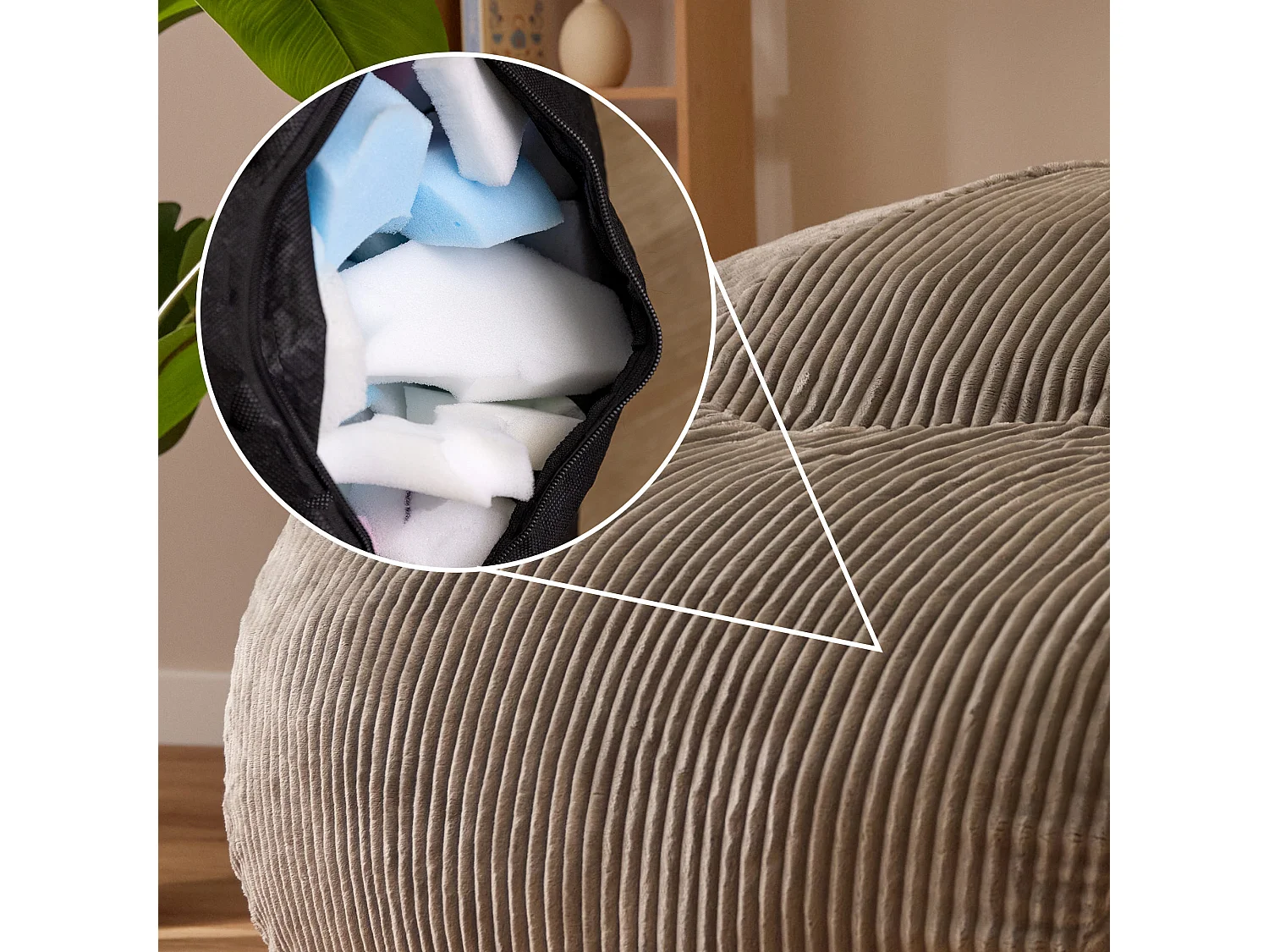 Pouf fauteuil géant en mousse expansible et velours côtelé gris - NIMBUS