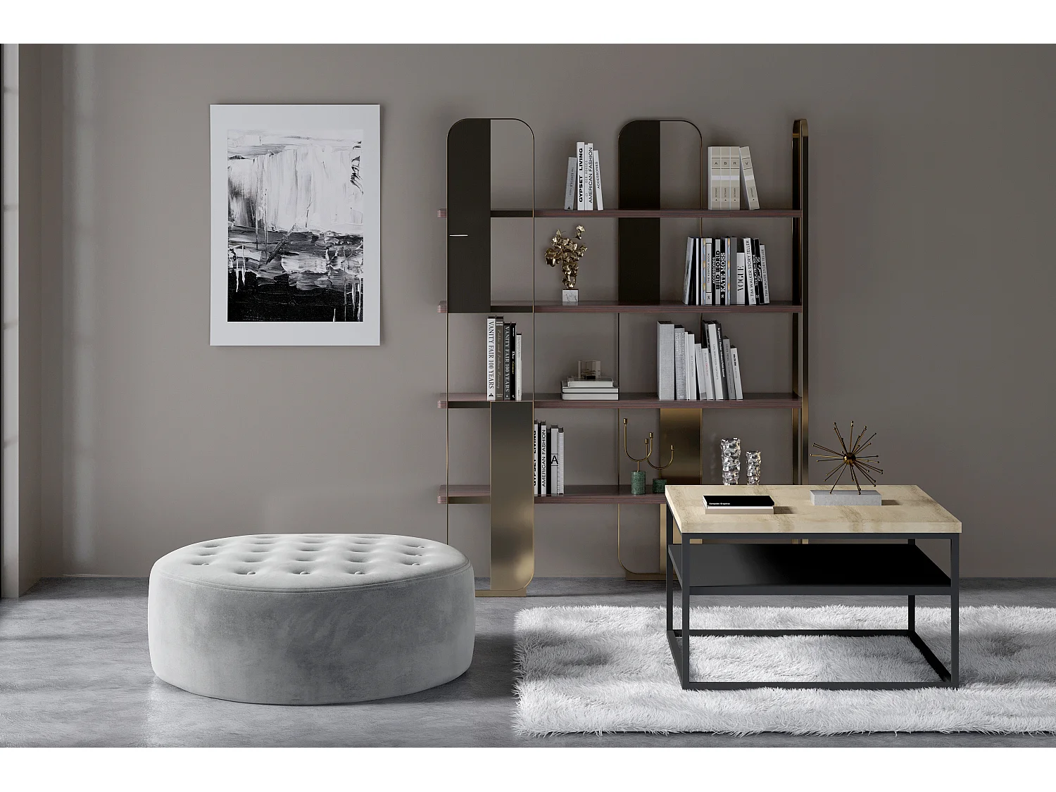 Pouf rond matelassé velours gris clair Styla 70cm