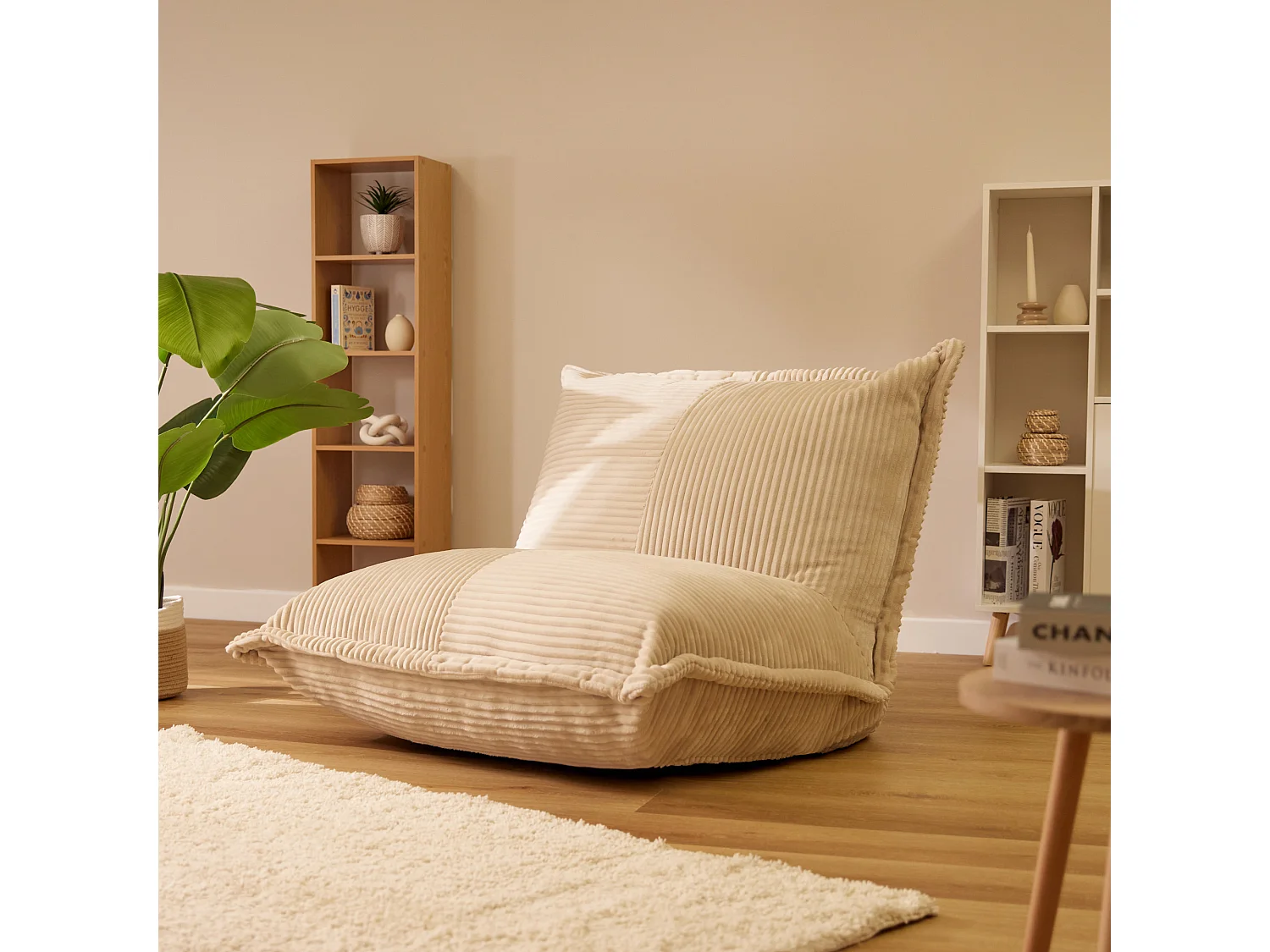 Fauteuil en mousse expansible et velours côtelé beige - PORTO