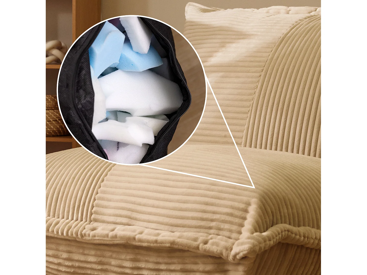Fauteuil en mousse expansible et velours côtelé beige - PORTO