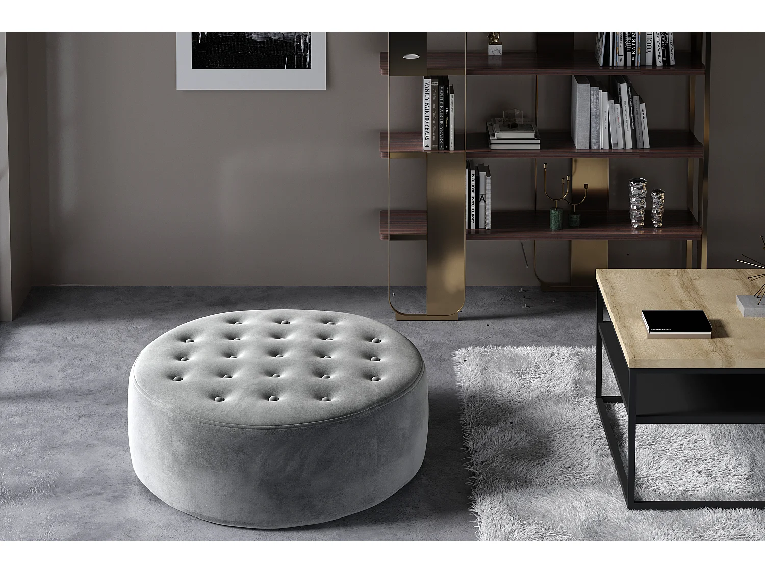 Pouf rond matelassé velours marron clair Styla 70cm