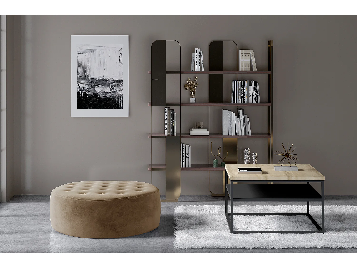 Styla lichtbruine fluwelen gewatteerde ronde poef 70 cm