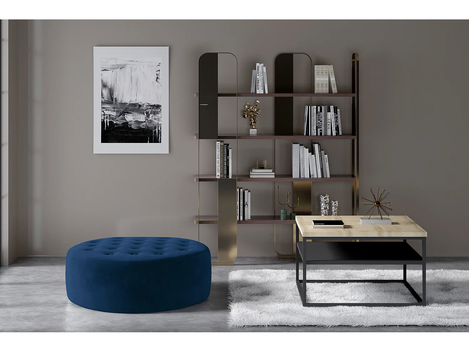 Pouf rond matelassé velours bleu foncé Styla 70cm