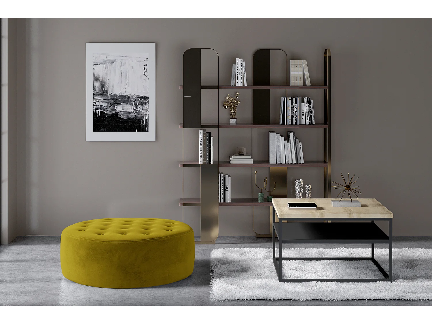 Pouf rond matelassé velours vert anis Styla 70cm