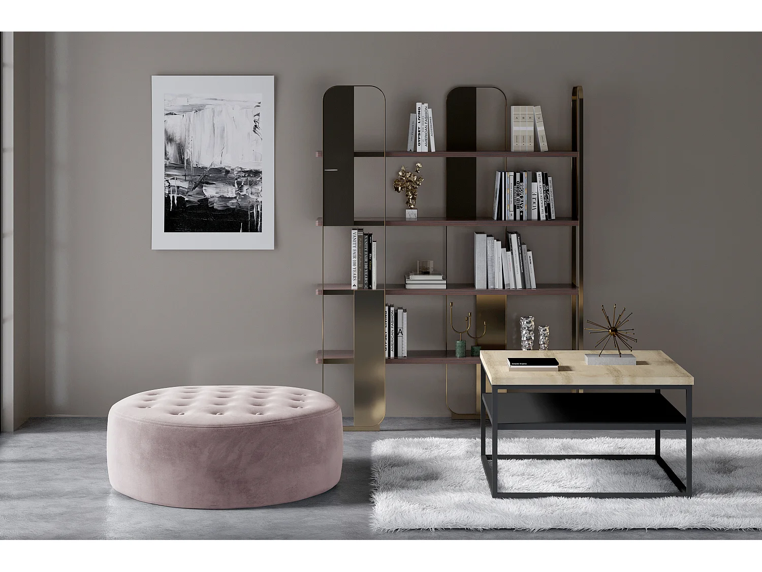 Pouf rond matelassé velours rose clair Styla 70cm