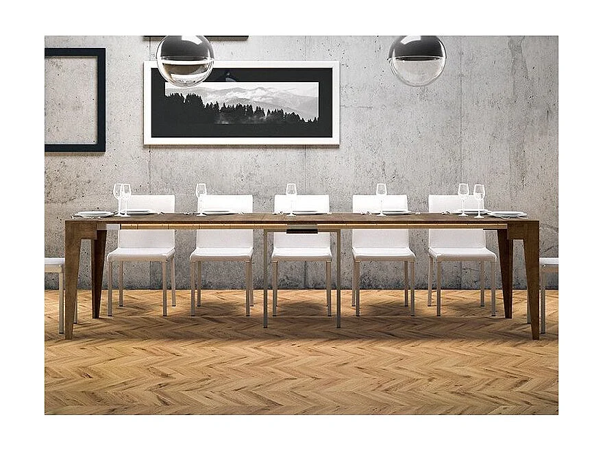 Consola Kanda moderna extensible de madera 90x42/198 o 90x42/302 cm-Color Marrón-Base y soporte con ruedas-Alargaderas 5 extensiones