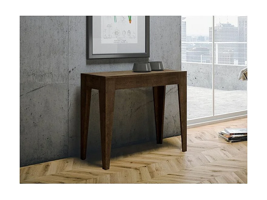 Console extensible moderne en bois Kanda 90x42-198 ou 90x42-302-Couleur Marron-Pied et support sur roulettes-5 rallonges
