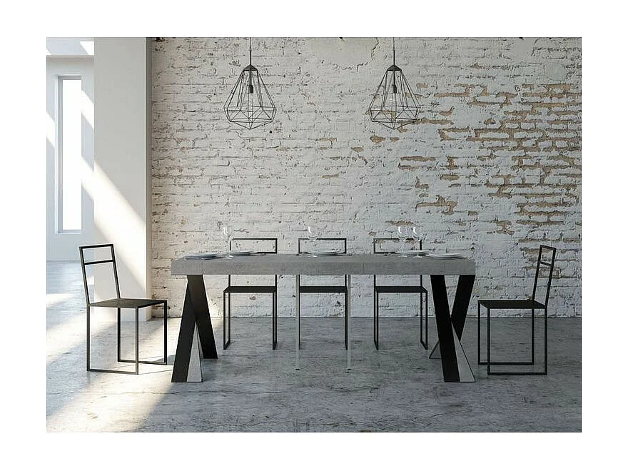 Consola extensible de diseño Diago en madera y patas cruzadas de acero antracita 90x40/196 o 90x40/300 cm-Color Gris cemento-Soporte 2 pies-3 alargaderas gruesas