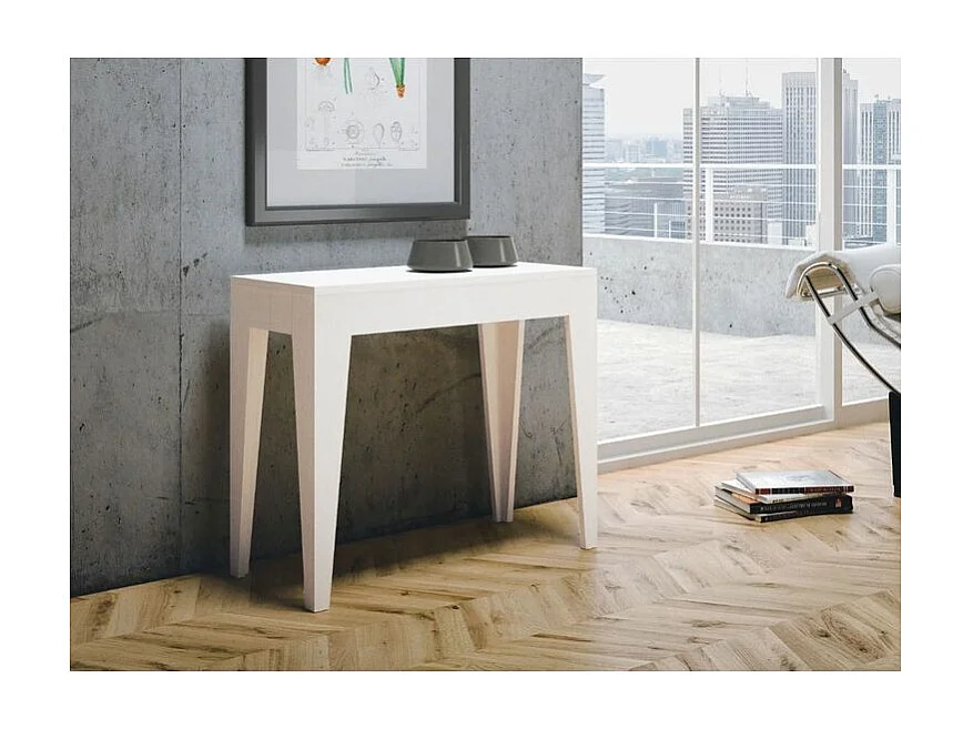 Console extensible moderne en bois Kanda 90x42-198 ou 90x42-302-Couleur Blanc-Pied et support sur roulettes-5 rallonges