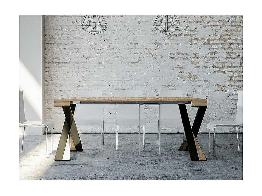 Console extensible design bois et pieds croisés acier anthracite Diago 90x40-196 ou 90x40-300-Couleur Naturel-Pied et support sur roulettes-5 rallonges fines