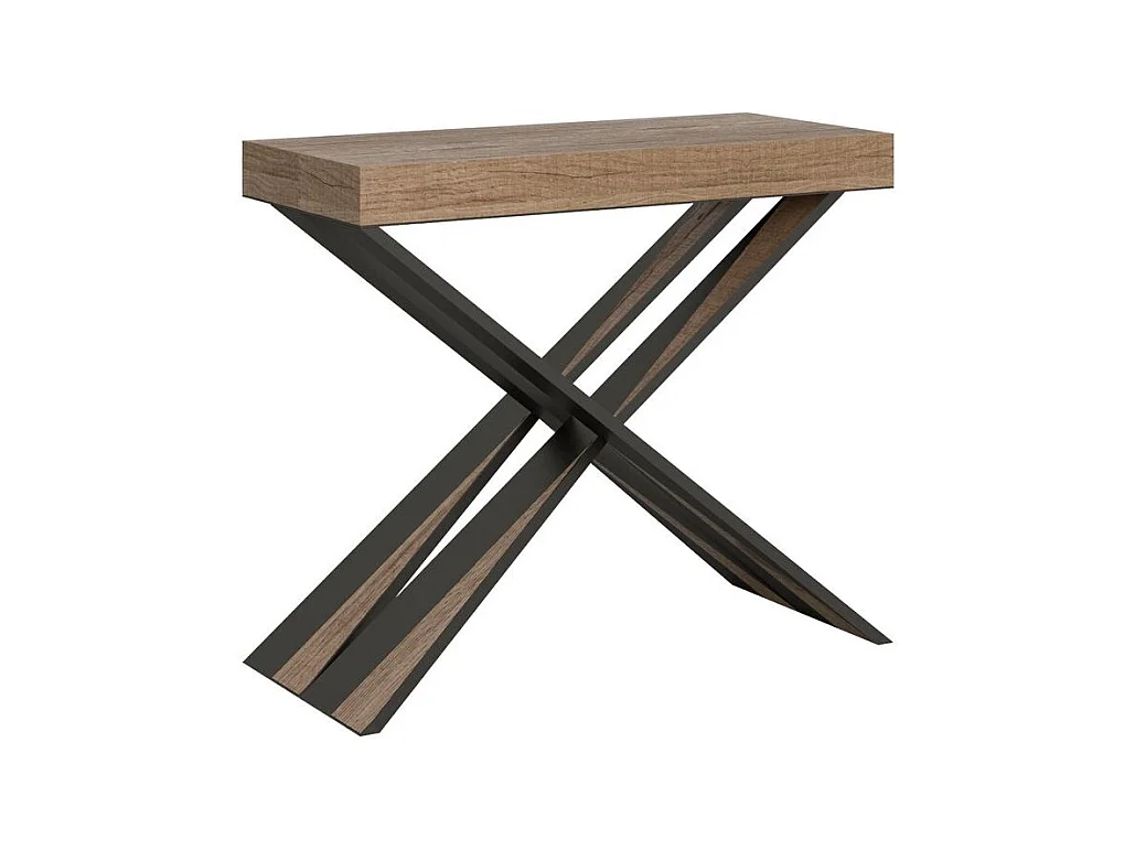 Console extensible design bois et pieds croisés acier anthracite Diago 90x40-196 ou 90x40-300-Couleur Naturel-Pied et support sur roulettes-5 rallonges fines