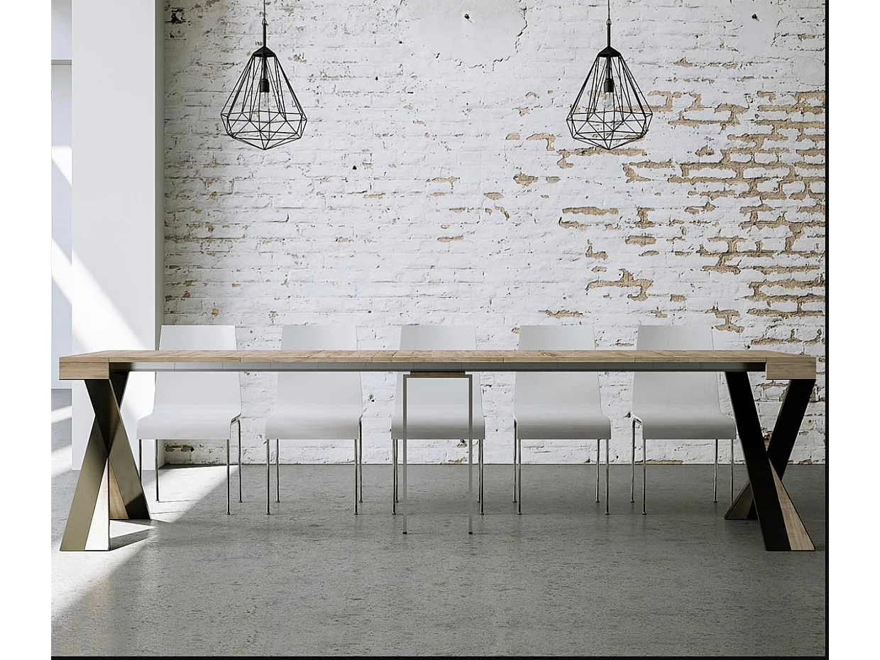 Console extensible design bois et pieds croisés acier anthracite Diago 90x40-196 ou 90x40-300-Couleur Naturel-Pied et support sur roulettes-5 rallonges fines