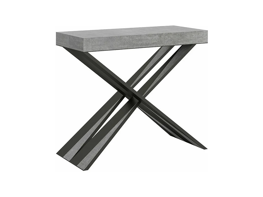 Consola extensible de diseño Diago en madera y patas cruzadas de acero antracita 90x40/196 o 90x40/300 cm-Color Gris cemento-Soporte 4 pies-3 alargaderas gruesas