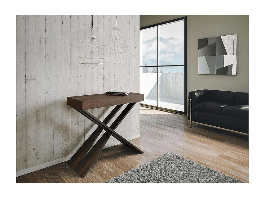 Consola extensible de diseño Diago en madera y patas cruzadas de acero antracita 90x40/196 o 90x40/300 cm-Color Marrón-Base y soporte con ruedas-3 alargaderas finas
