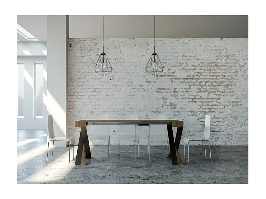 Consola extensible de diseño Diago en madera y patas cruzadas de acero antracita 90x40/196 o 90x40/300 cm-Color Marrón-Base y soporte con ruedas-3 alargaderas finas