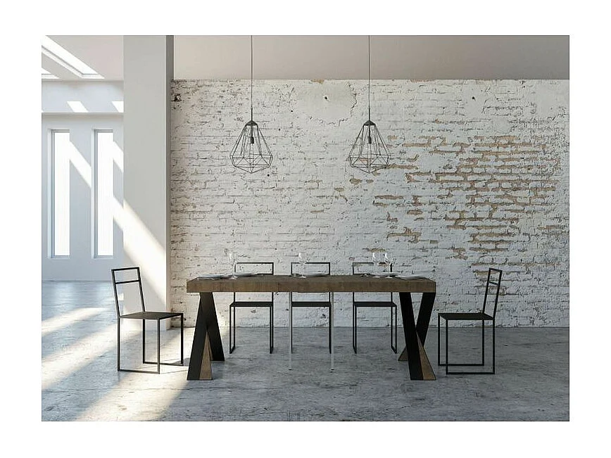 Consola extensible de diseño Diago en madera y patas cruzadas de acero antracita 90x40/196 o 90x40/300 cm-Color Marrón-Base y soporte con ruedas-3 alargaderas finas