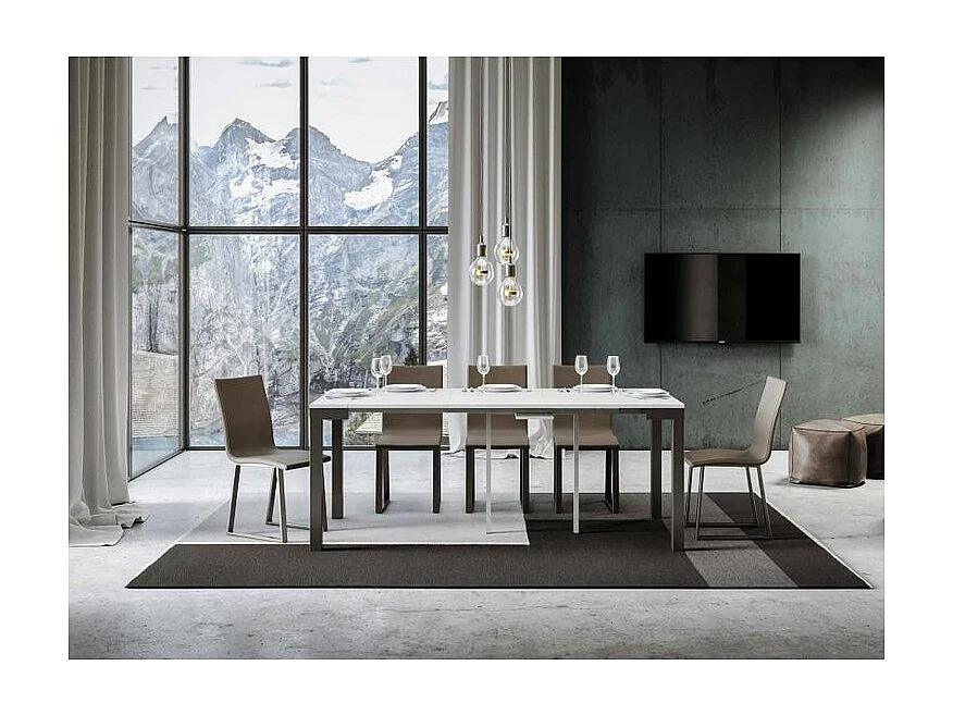 Console extensible bois et acier anthracite Monteros 90x40-196 ou 90x40-300-Couleur Blanc-Support 4 pieds-3 rallonges