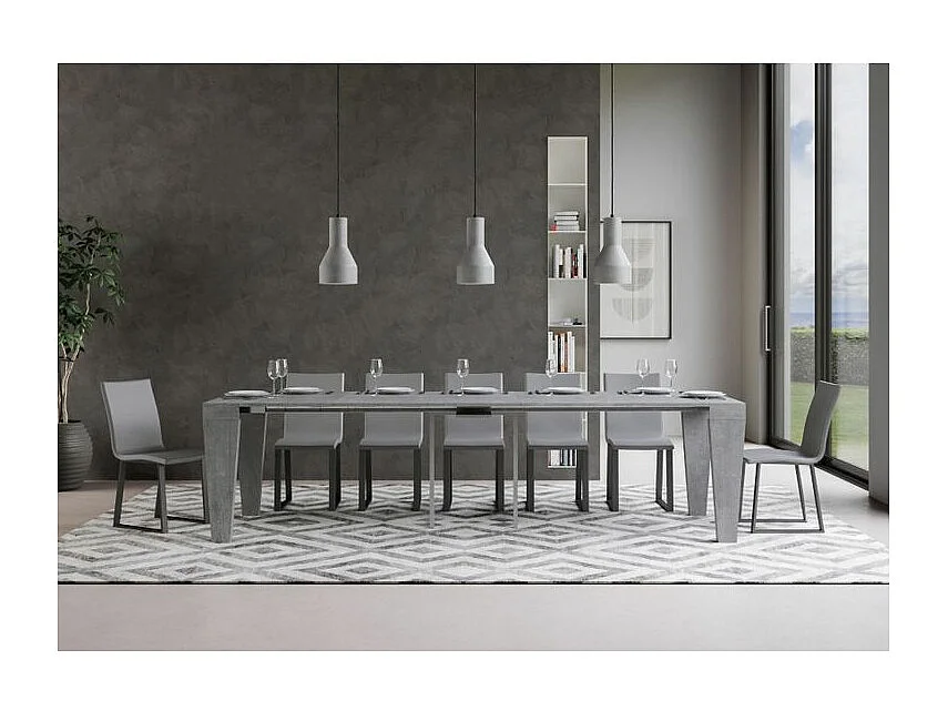 Console extensible en bois Sambo 90x40-196 ou 90x40-300-Couleur Gris ciment-Support 2 pieds-5 rallonges