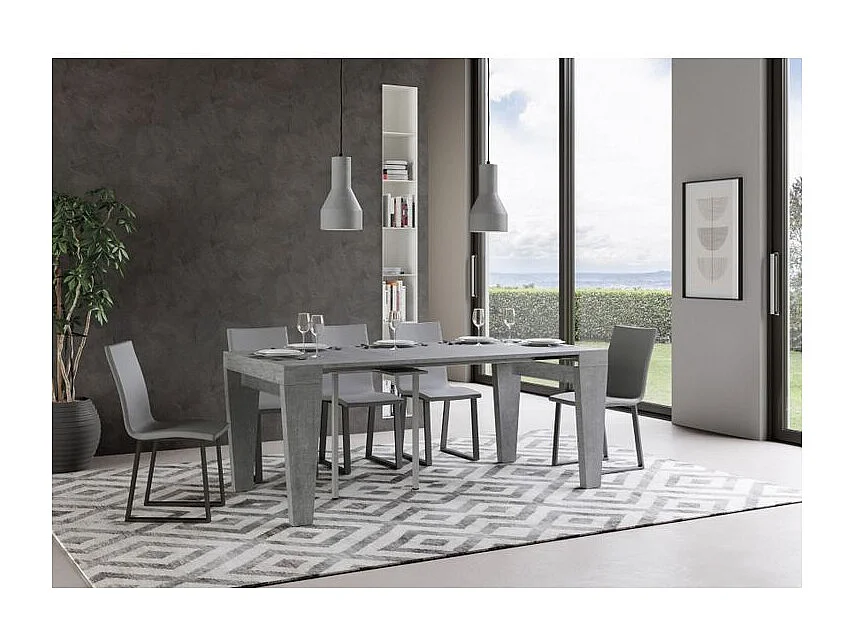 Console extensible en bois Sambo 90x40-196 ou 90x40-300-Couleur Gris ciment-Support 2 pieds-5 rallonges