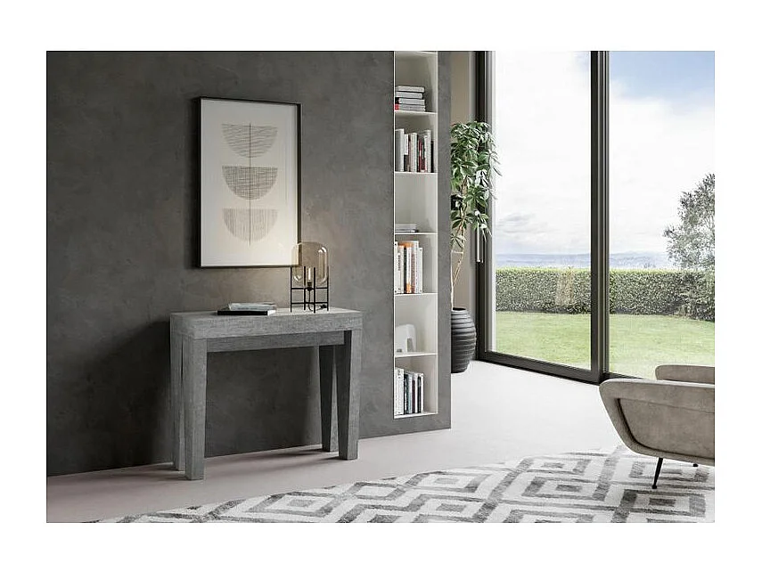 Console extensible en bois Sambo 90x40-196 ou 90x40-300-Couleur Gris ciment-Support 2 pieds-5 rallonges