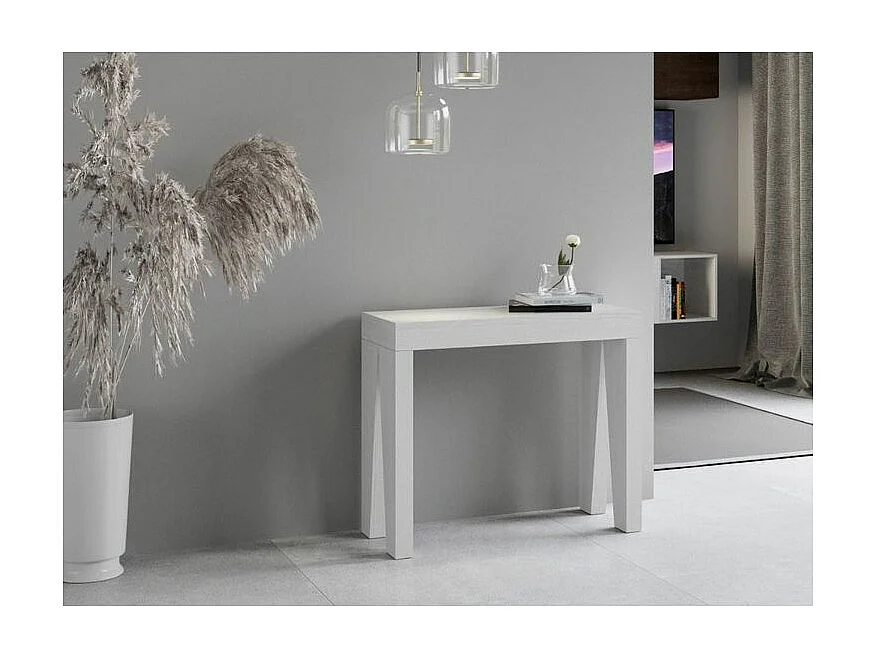 Console extensible en bois moderne 90x40-196 ou 90x40-300 Naxo-Couleur Blanc-Support 4 pieds-5 rallonges