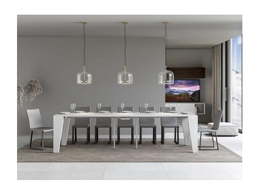 Console extensible en bois moderne 90x40-196 ou 90x40-300 Naxo-Couleur Blanc-Support 4 pieds-5 rallonges