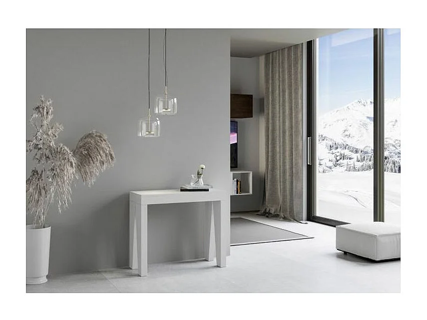 Console extensible en bois moderne 90x40-196 ou 90x40-300 Naxo-Couleur Blanc-Support 4 pieds-5 rallonges