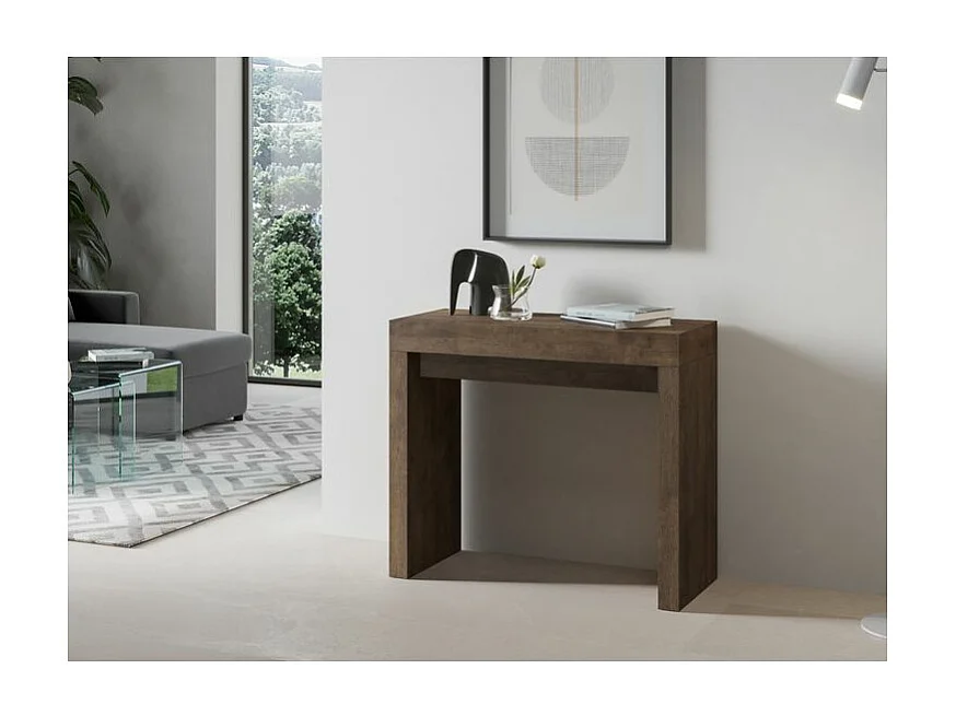 Console extensible en bois Ribo 90x40-196 ou 90x40-300-Couleur Marron-Pied et support sur roulettes-5 rallonges