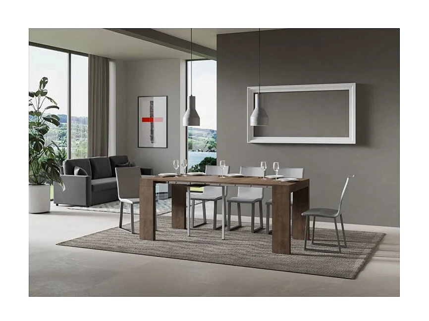 Console extensible en bois Ribo 90x40-196 ou 90x40-300-Couleur Marron-Pied et support sur roulettes-5 rallonges