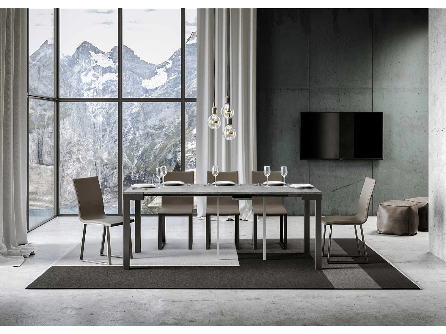 Console extensible bois et acier anthracite Monteros 90x40-196 ou 90x40-300-Couleur Marron-Support 4 pieds-5 rallonges