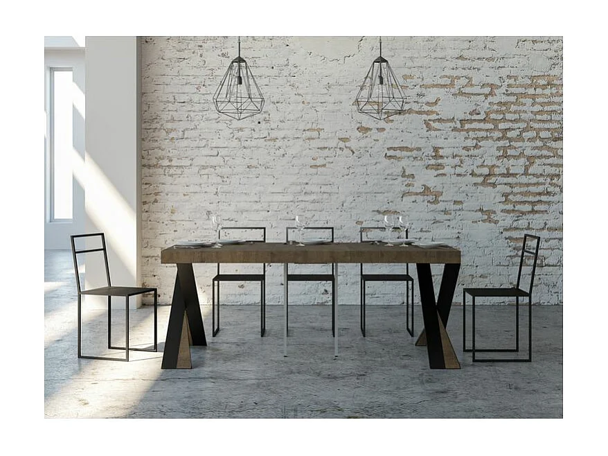 Consola extensible de diseño Diago en madera y patas cruzadas de acero antracita 90x40/196 o 90x40/300 cm-Color Marrón-Soporte 4 pies-5 alargaderas finas