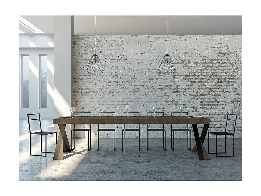 Consola extensible de diseño Diago en madera y patas cruzadas de acero antracita 90x40/196 o 90x40/300 cm-Color Marrón-Soporte 4 pies-5 alargaderas finas