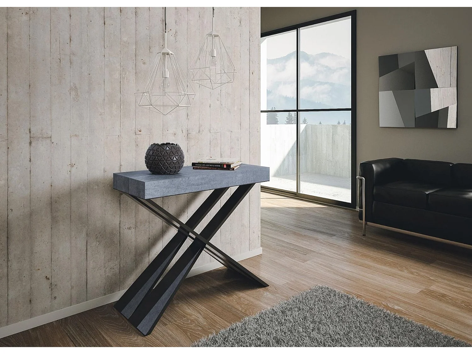 Consola extensible de diseño Diago en madera y patas cruzadas de acero antracita 90x40/196 o 90x40/300 cm-Color Gris cemento-Soporte 2 pies-3 alargaderas finas