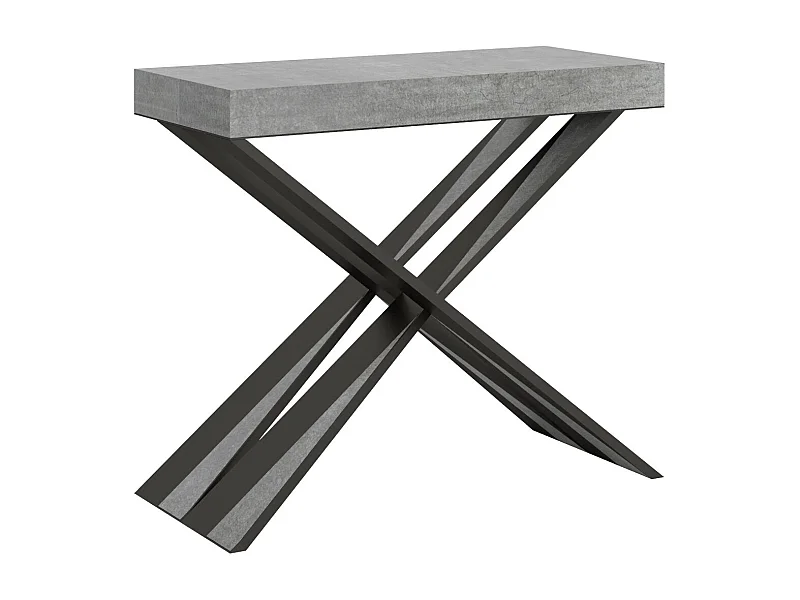 Consola extensible de diseño Diago en madera y patas cruzadas de acero antracita 90x40/196 o 90x40/300 cm-Color Gris cemento-Soporte 2 pies-3 alargaderas finas