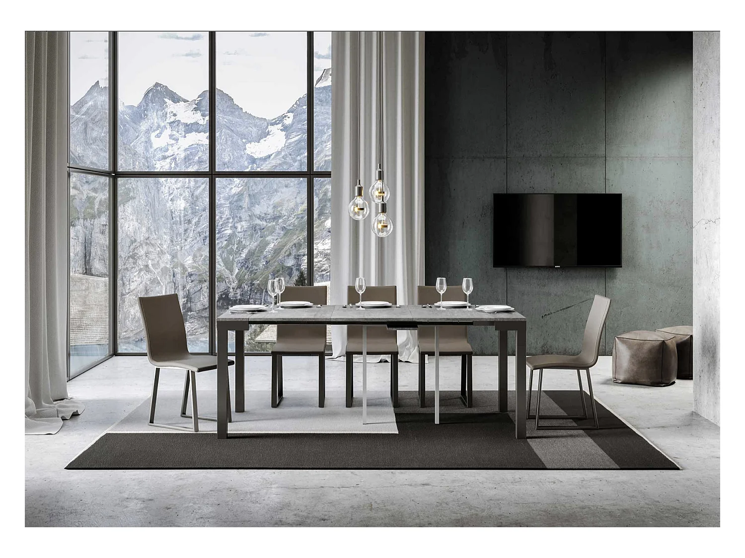 Uitschuifbare console in hout en antraciet staal Monteros 90x40/196 of 90x40/300 cm-Kleur Natuurlijk-Voet en steun op zwenkwielen-Verlengsnoeren 3 uitbreidingen
