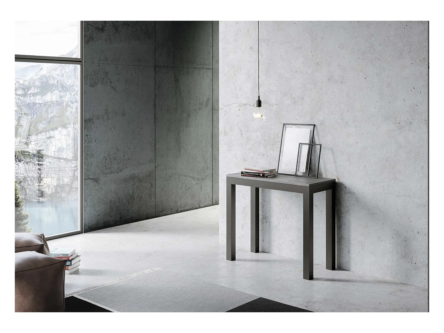 Uitschuifbare console in hout en antraciet staal Monteros 90x40/196 of 90x40/300 cm-Kleur Natuurlijk-Voet en steun op zwenkwielen-Verlengsnoeren 3 uitbreidingen