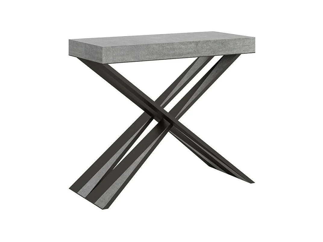 Console extensible design bois et pieds croisés acier anthracite Diago 90x40-196 ou 90x40-300-Couleur Gris ciment-Support 4 pieds-3 rallonges fines