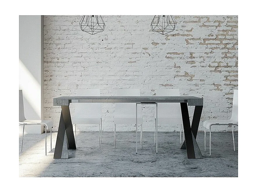 Consola extensible de diseño Diago en madera y patas cruzadas de acero antracita 90x40/196 o 90x40/300 cm-Color Gris cemento-Soporte 4 pies-3 alargaderas finas