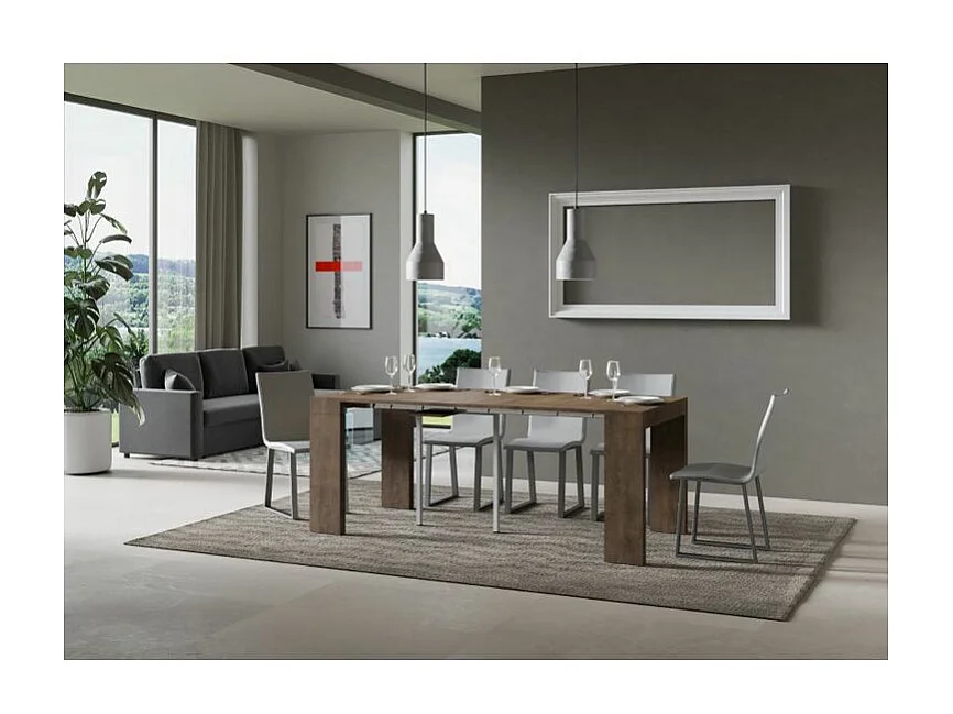 Console extensible en bois Ribo 90x40-196 ou 90x40-300-Couleur Marron-Support 4 pieds-5 rallonges