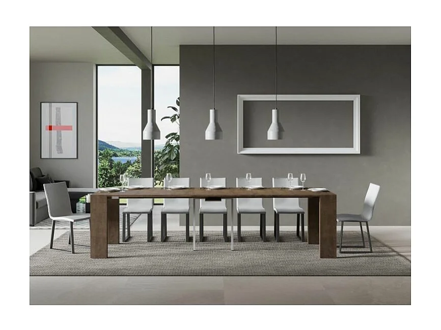 Console extensible en bois Ribo 90x40-196 ou 90x40-300-Couleur Marron-Support 4 pieds-5 rallonges