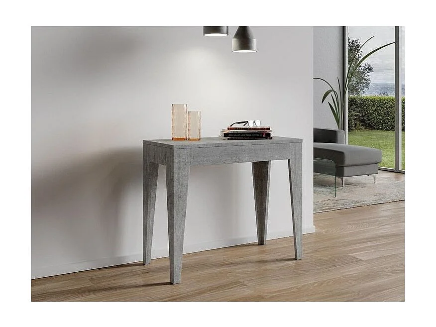 Consola Kanda moderna extensible de madera 90x42/198 o 90x42/302 cm-Color Gris cemento-Soporte 4 pies-Alargaderas 5 extensiones