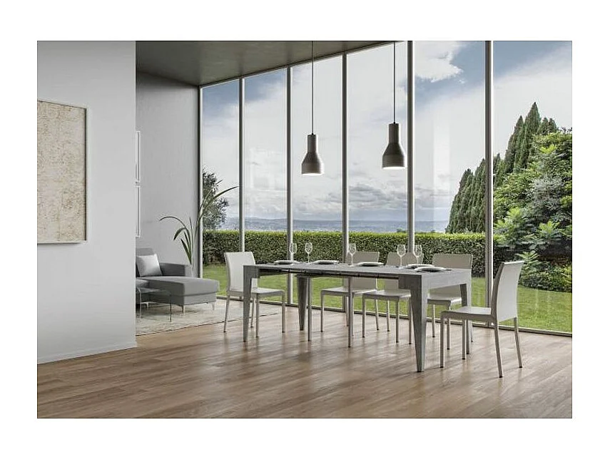 Consola Kanda moderna extensible de madera 90x42/198 o 90x42/302 cm-Color Gris cemento-Soporte 4 pies-Alargaderas 5 extensiones