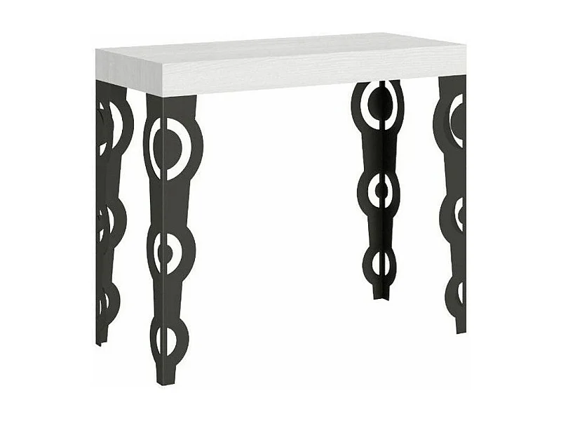 Console extensible style orientale Kazay 90x40-196 ou 90x40-300-Couleur Blanc-Support 2 pieds-5 rallonges fines