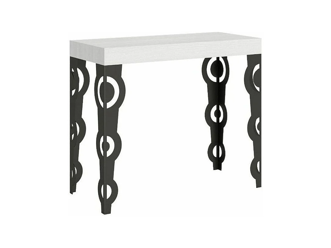 Console extensible style orientale Kazay 90x40-196 ou 90x40-300-Couleur Blanc-Support 2 pieds-5 rallonges fines