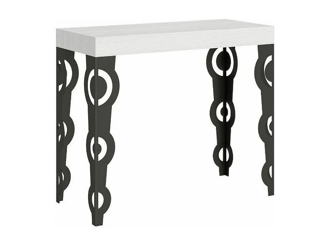 Console extensible style orientale Kazay 90x40-196 ou 90x40-300-Couleur Blanc-Support 2 pieds-5 rallonges fines