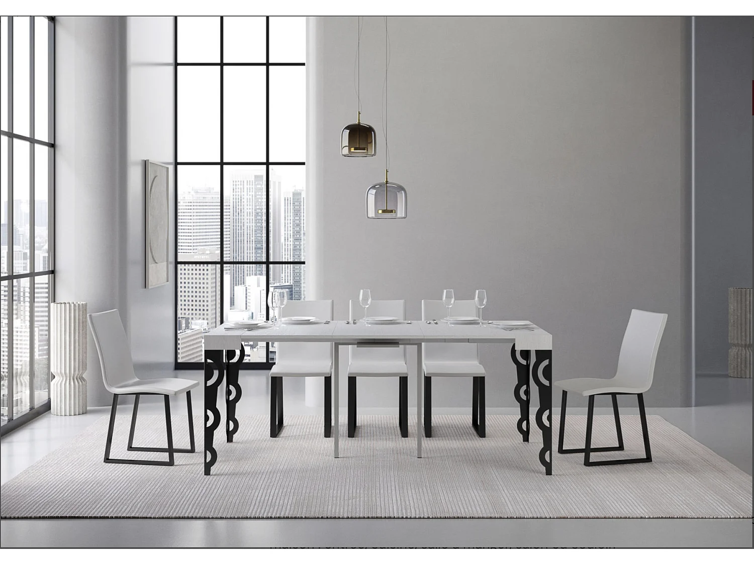 Console extensible style orientale Kazay 90x40-196 ou 90x40-300-Couleur Blanc-Support 2 pieds-5 rallonges fines