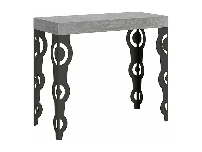 Console extensible style orientale Kazay 90x40-196 ou 90x40-300-Couleur Gris ciment-Support 2 pieds-5 rallonges fines