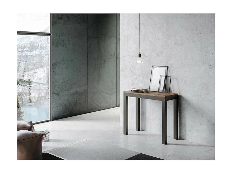 Console extensible bois et acier anthracite Monteros 90x40-196 ou 90x40-300-Couleur Marron-Support 4 pieds-3 rallonges